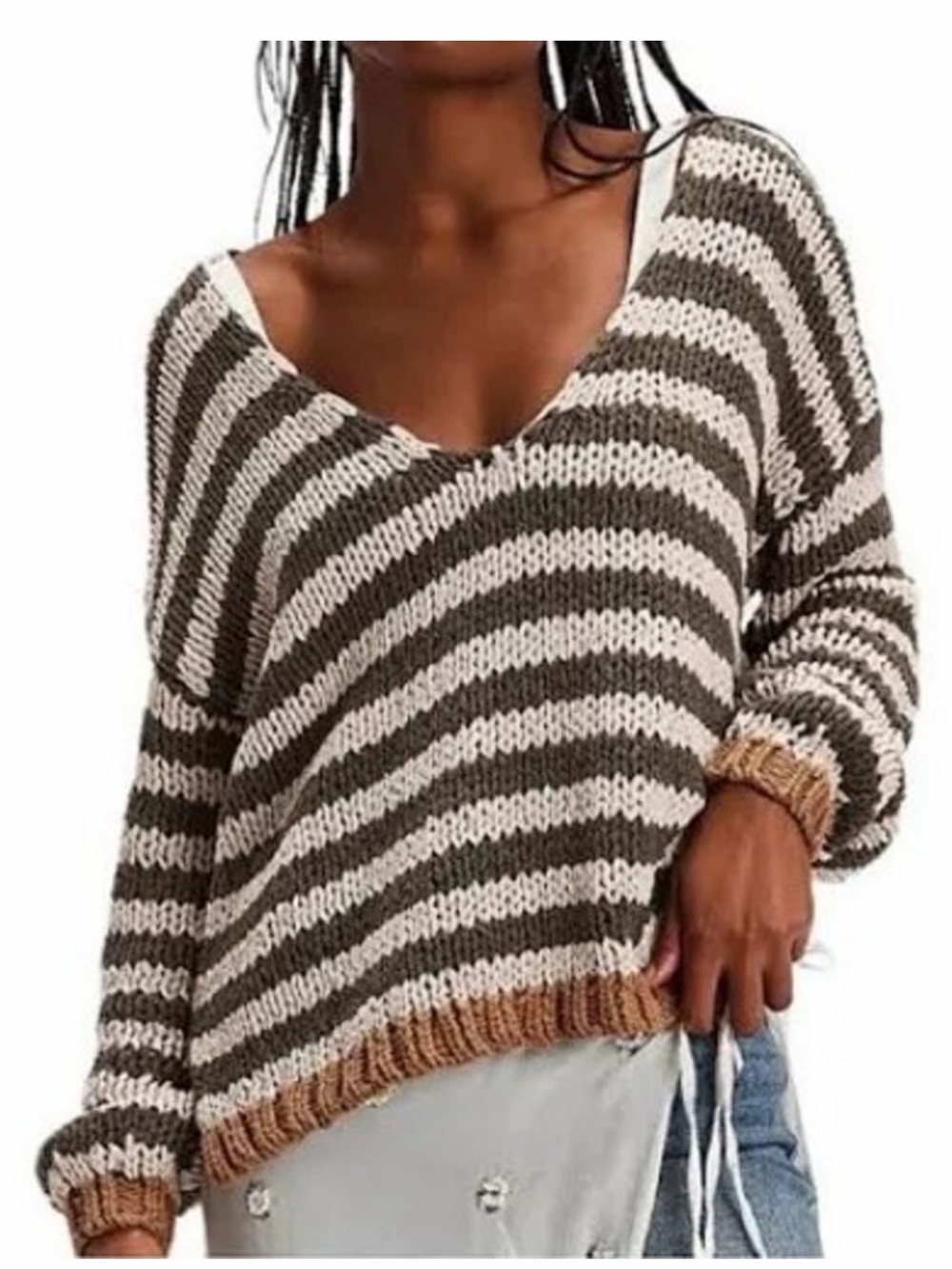 Free People Striped V-Neck Sweater in Cream and Brown
